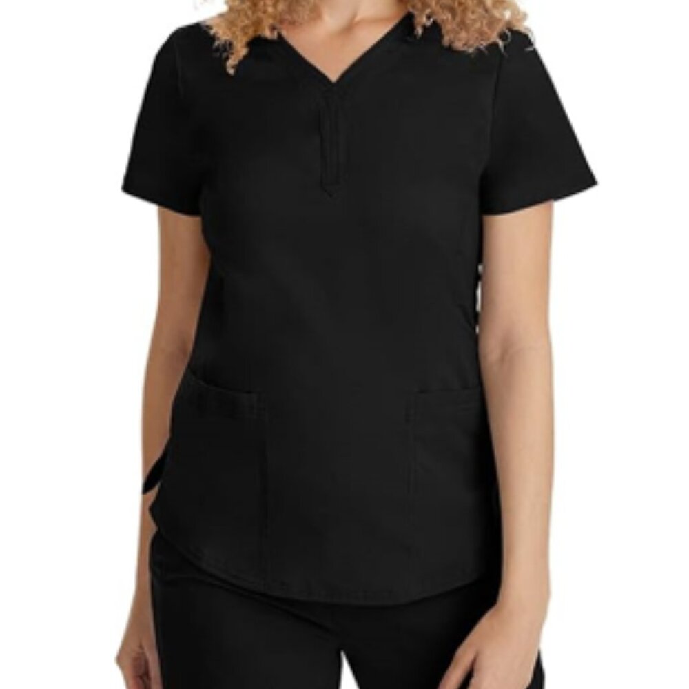Healing Hands Women's Y-Neck Scrub Top with 2 Pockets, Knit Details Black Size L